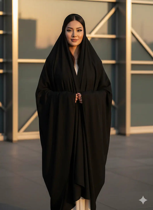 A soft georgette Irani chadar draped gracefully, showing full modest coverage with a lightweight flowy fabric.