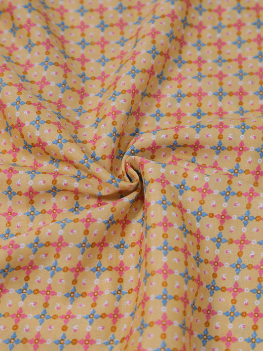 Fabric with a colorful geometric pattern on a yellow background