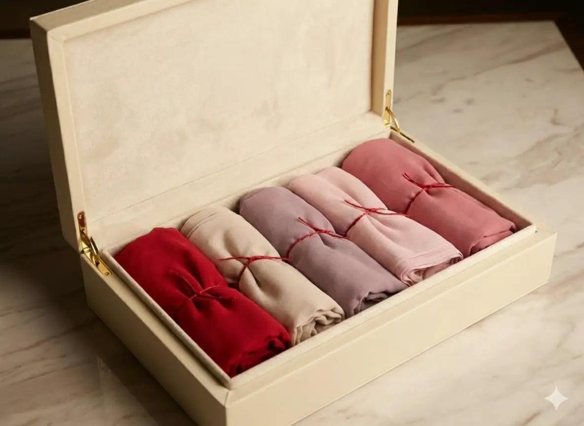 Set of folded cloths in a wooden box on a wooden floor